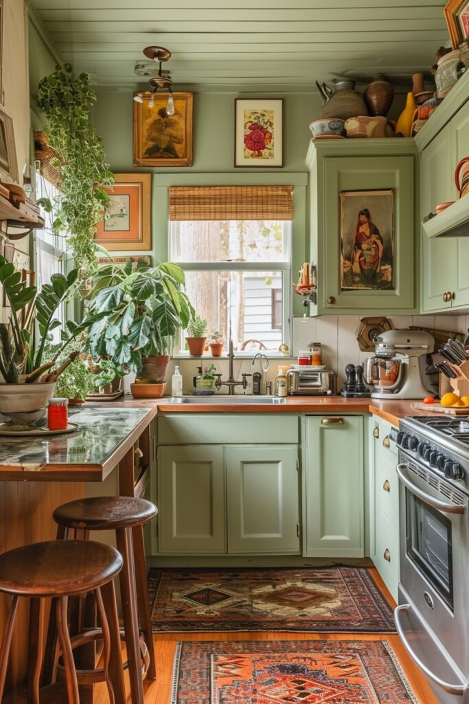 Eclectic Maximalist Kitchen with Sage Green Cabinets