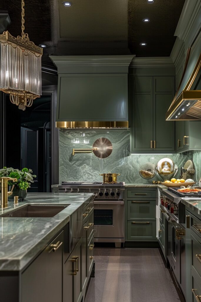 Moody art Deco Kitchen with Sage Cabinets & Glamorous Green Marble