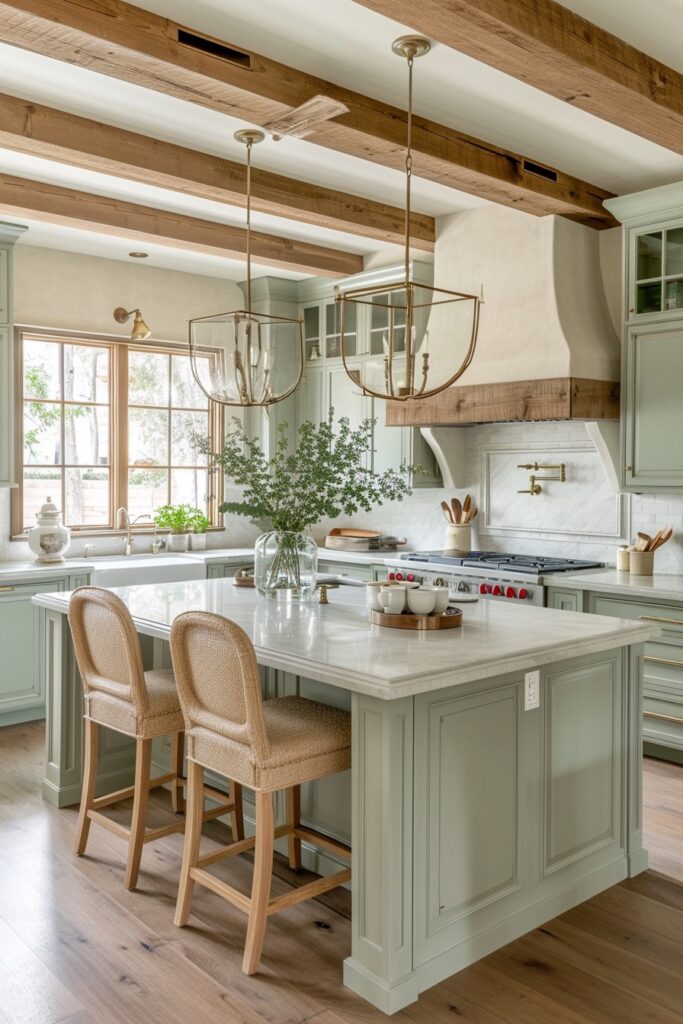 French Country Inspired Kitchen with Sage Cabinets & Organic Rustic Inspired Details