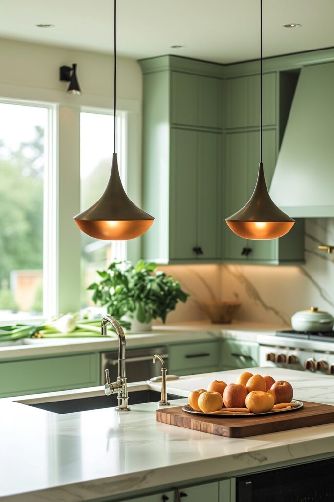Midcentury Modern Sage Green Kitchen with Unique Pendant Lights