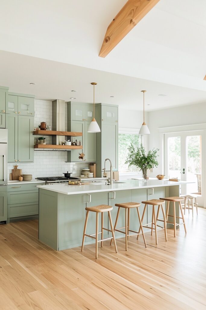 Neutral Modern Sage Green Kitchen Cabinets with a Huge Island