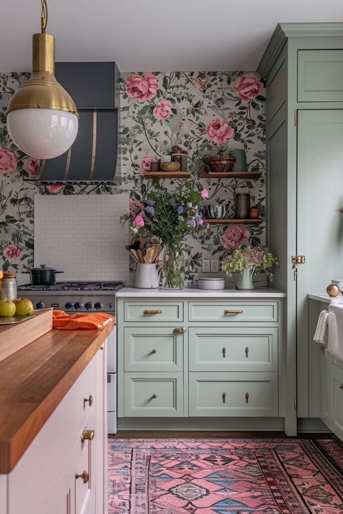 Eclectic Feminine Kitchen with Sage Cabinets & Floral Wallpaper