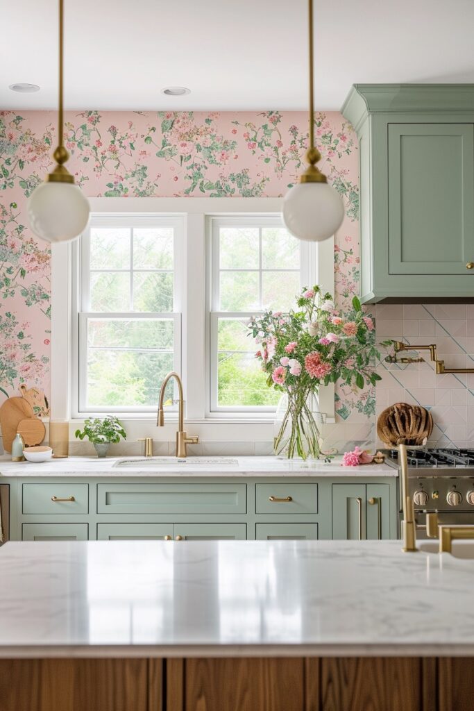 Bright & Feminine Kitchen with Sage Green Cabinets & Pink Floral Wallpaper