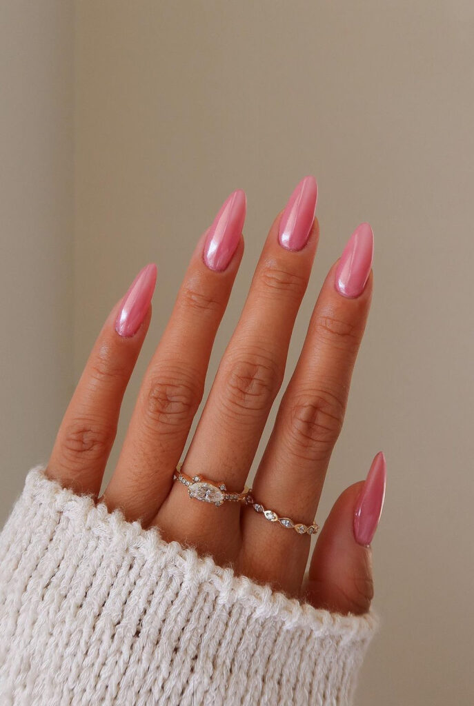 Baby pink chrome acrylic spring nails