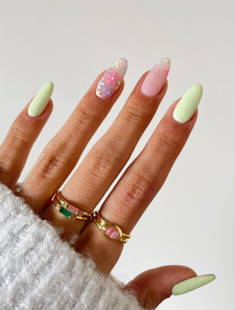Light green nails with multicolor pastel daisy party nail
