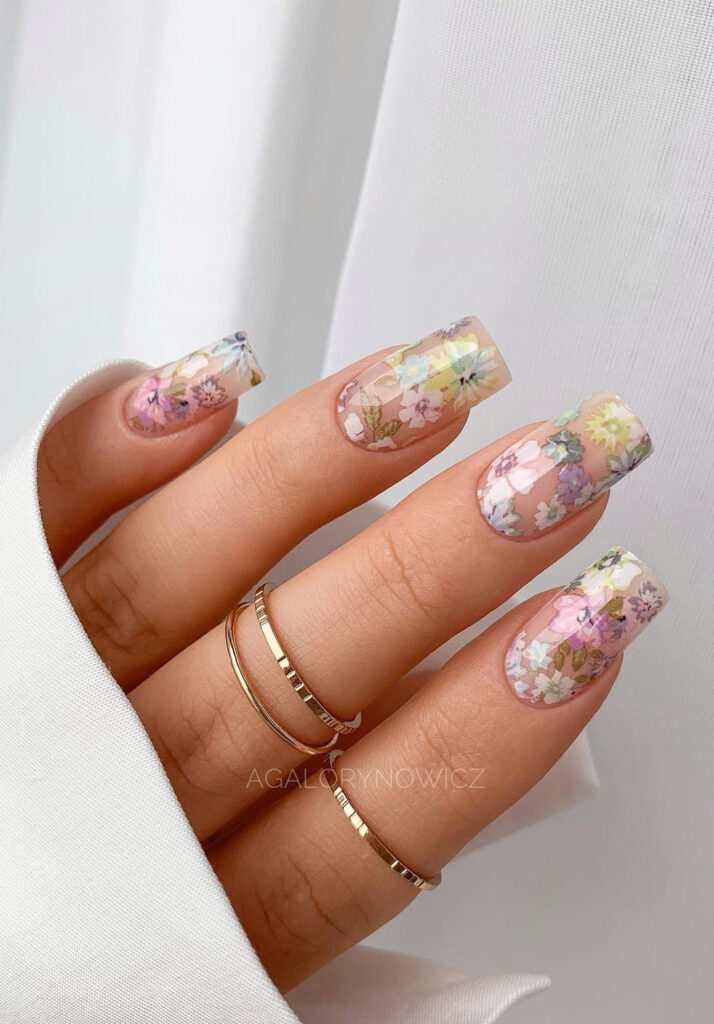 Detailed floral pastel acrylic nails