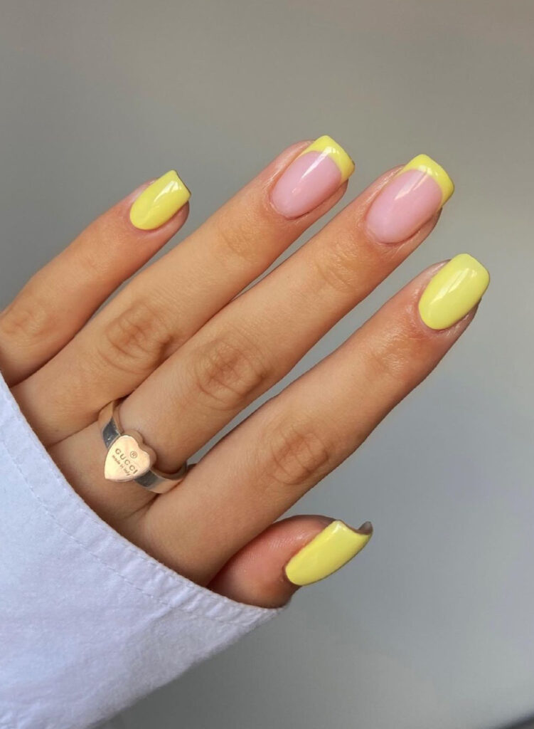 Lemon yellow & nude square nails