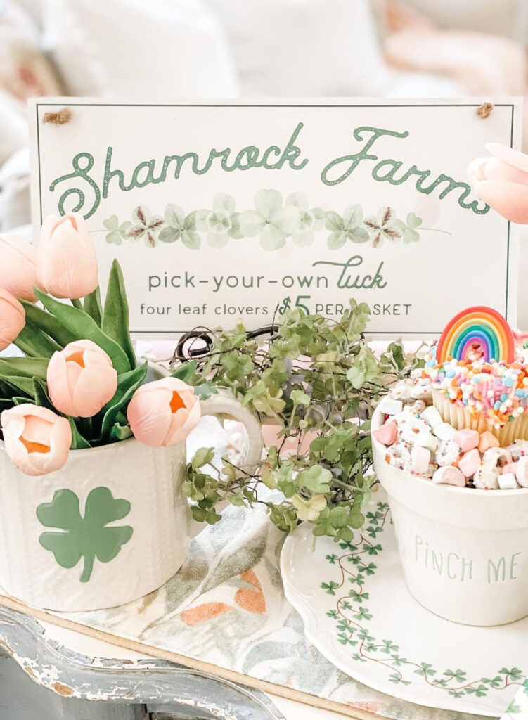 Shamrock farm with live clovers & tulips