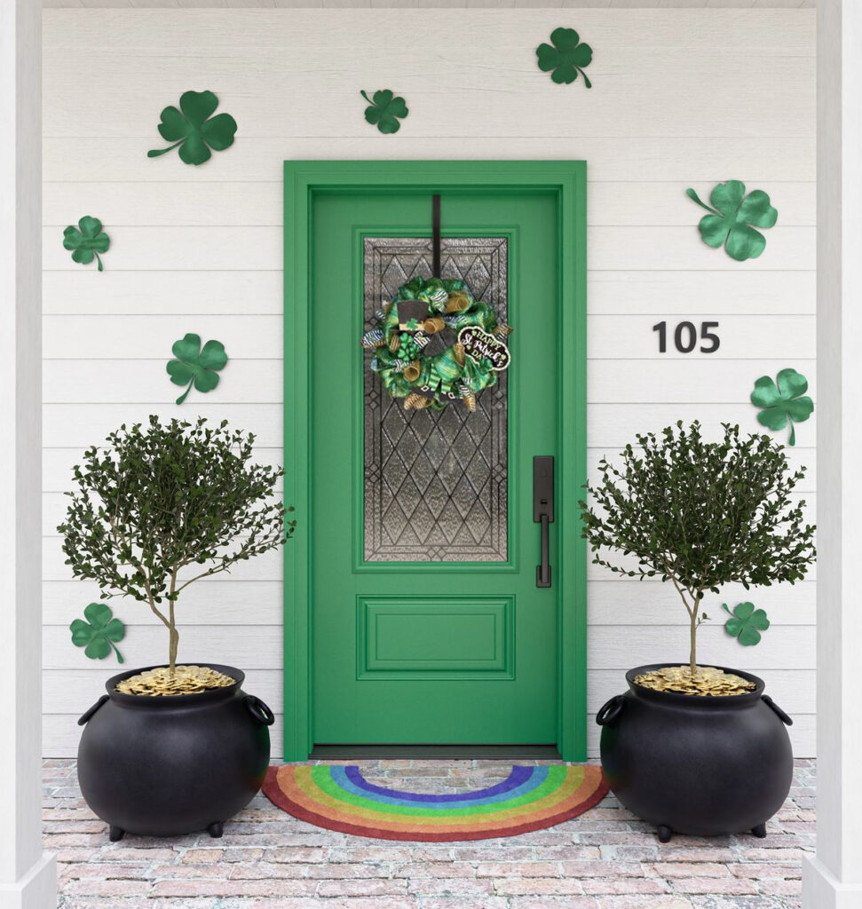 St. Patricks Day Front Door with Plants Potted in Pots of Gold & Rainbow Welcome Rug
