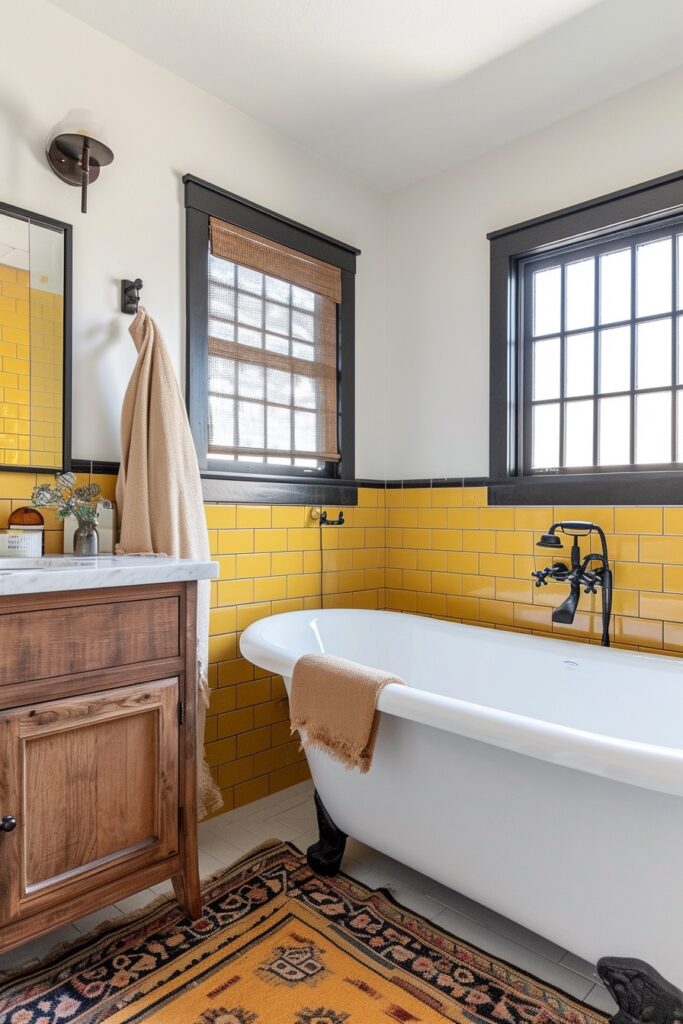 Minimalist Modern Yellow Tile Bathroom Half Wall with Black Windows & Wood Vanity