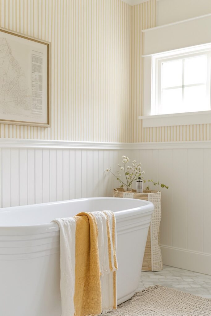Minimalist Bathroom With Half Wall Paneling & Subtle Yellow Stripes
