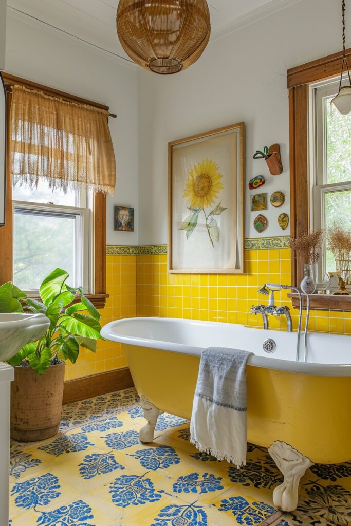 Vintage Inspired Yellow Bathroom with Yellow Tile Half wall and Yellow & Blue Flooring