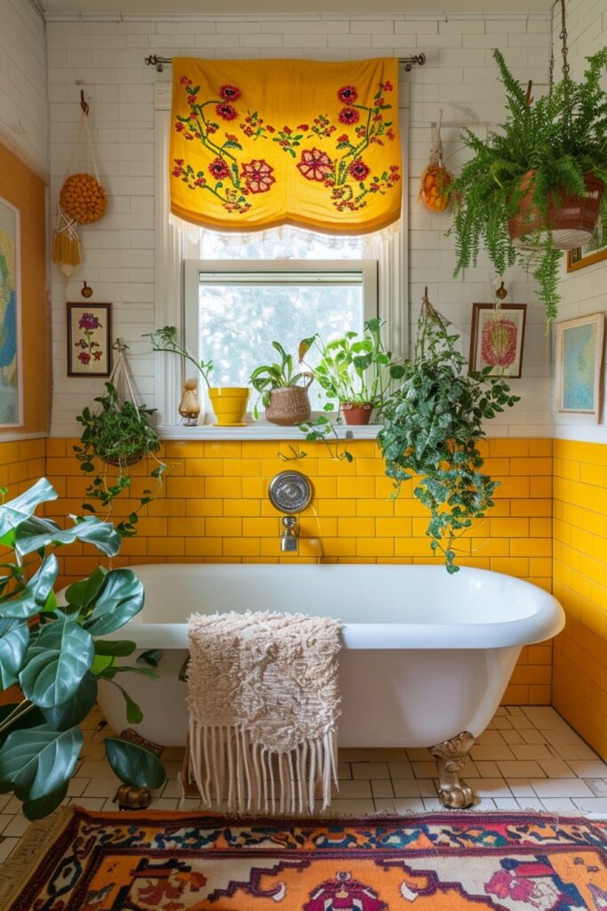 Maximalist Boho Yellow Tile Bathroom with Plants & a Vintage Rug