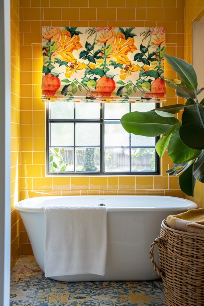 Freestanding Tub with Yellow Tile Walls and Botanical Window Shade
