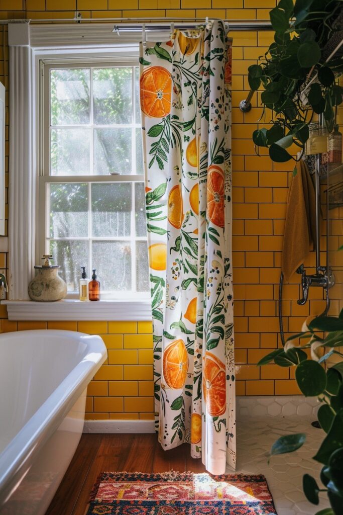 Boho Bathroom with Yellow Subway Tile Wall and Vining Pothos Plants