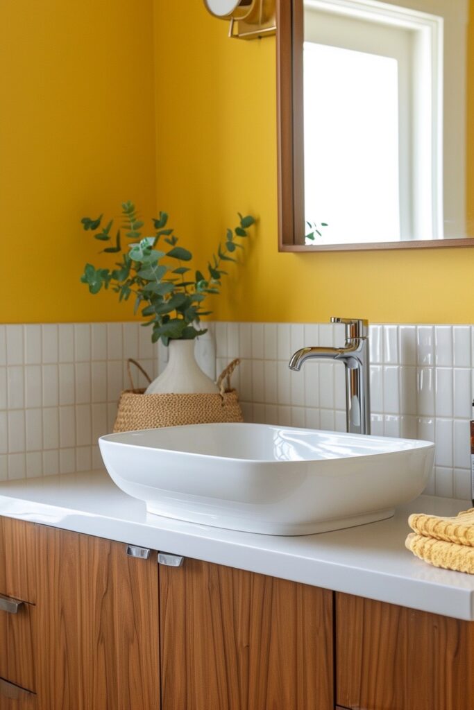Midcentury Bathroom Vanity with Yellow Walls & White Tile Backsplash