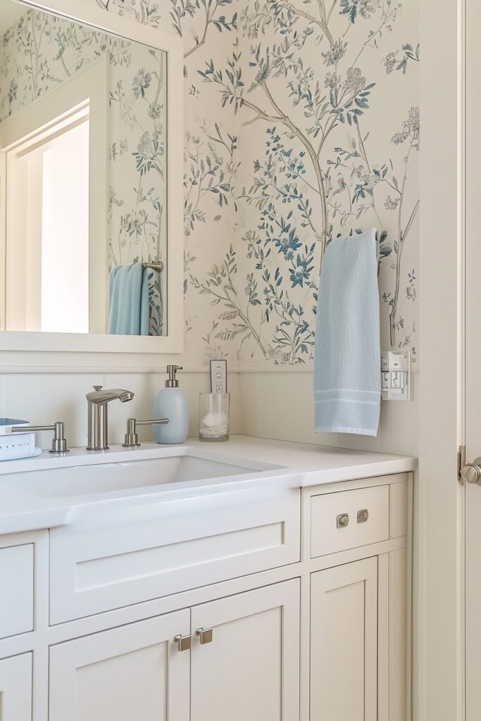 Pale Yellow Bathroom with Blue Botanical Wallpaper Half Wall