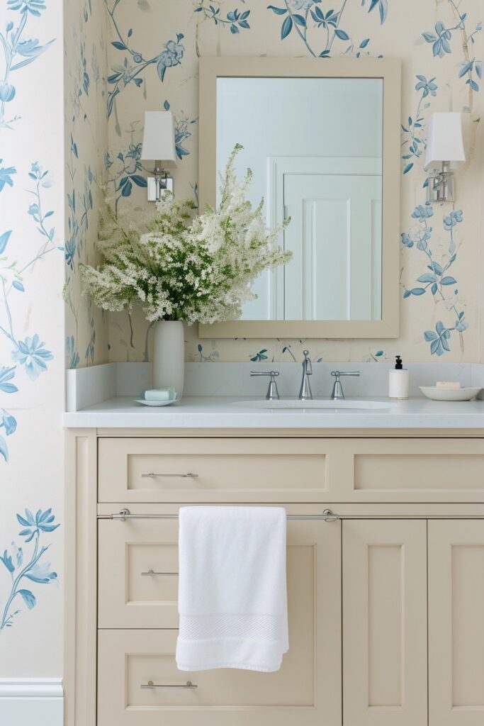 Pale Yellow Bathroom Vanity & Blue Floral Wall Details