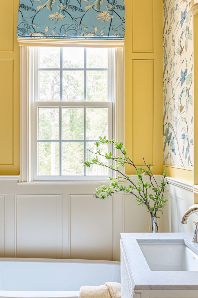 Beige Bathroom Half Wall With Yellow Walls & blue Botanical Shades