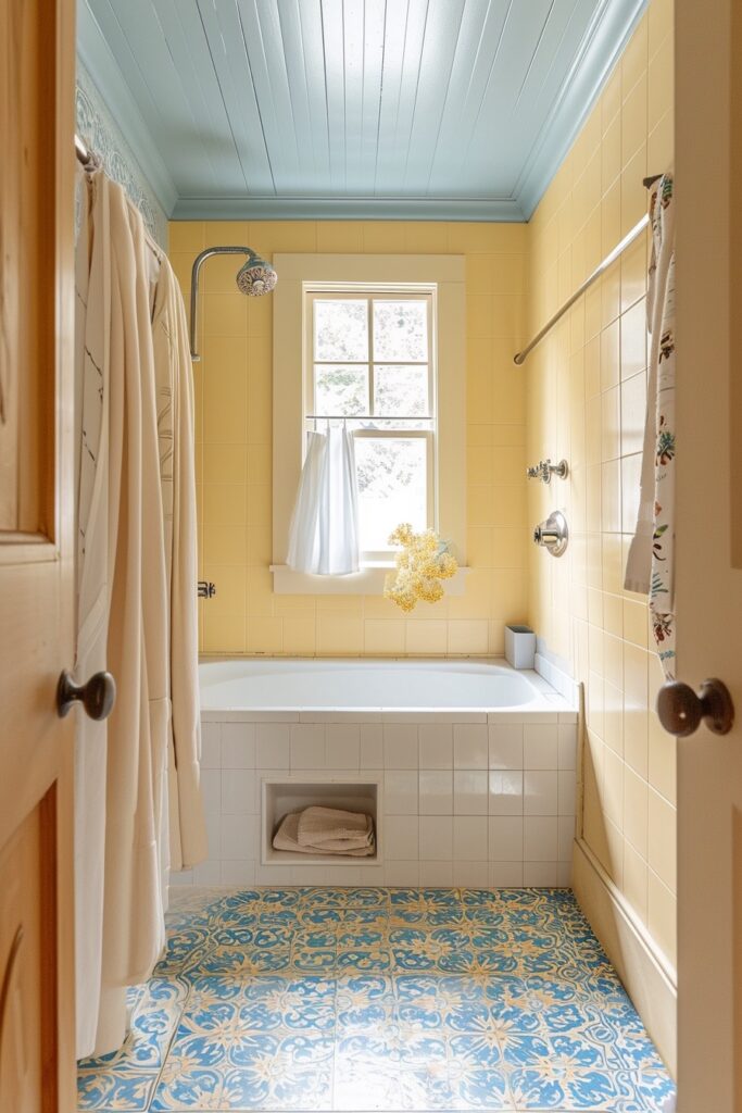 Pale Yellow Tile Bathroom with Light Blue Floor & Ceiling