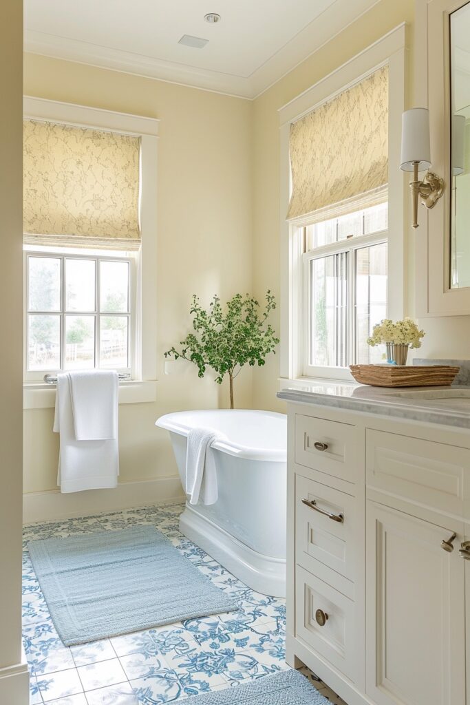 Modern Traditional Bathroom with Pale Yellow Walls and a Pop of Blue