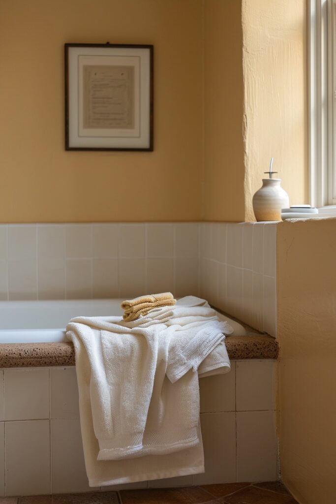 Minimalist Bathtub with Square Beige Tile & Yellow Walls