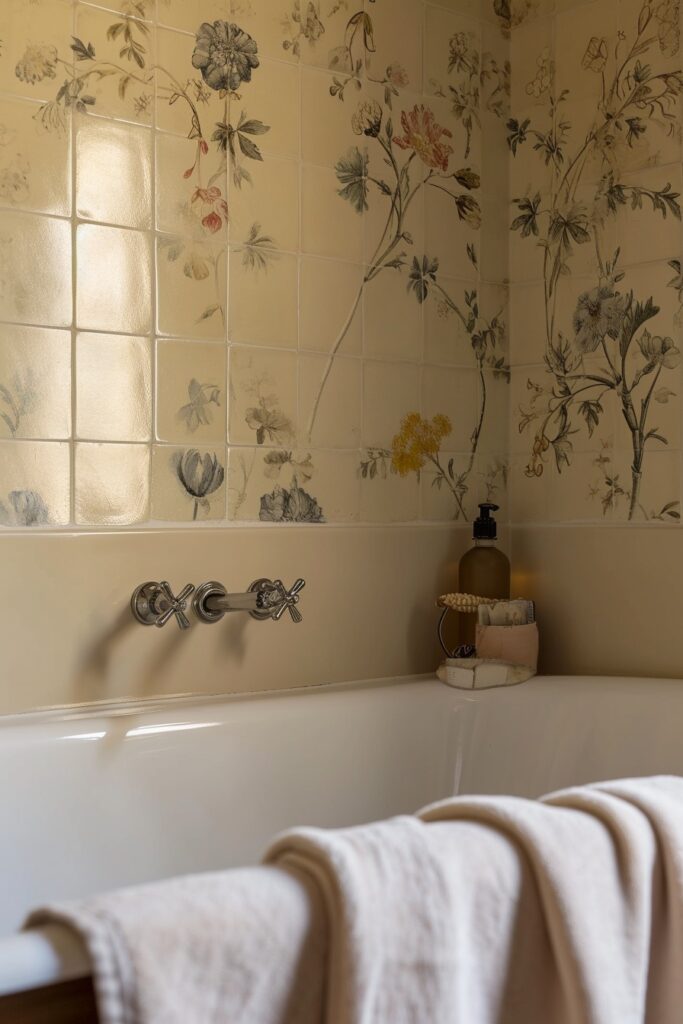 Bathroom with Pale Yellow Floral Patterned Tiles