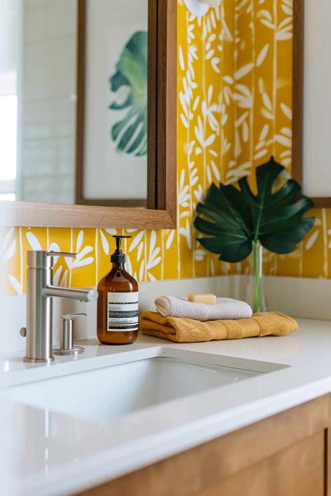 Simple Bathroom with Vibrant Mustard Yellow & White Wallpaper