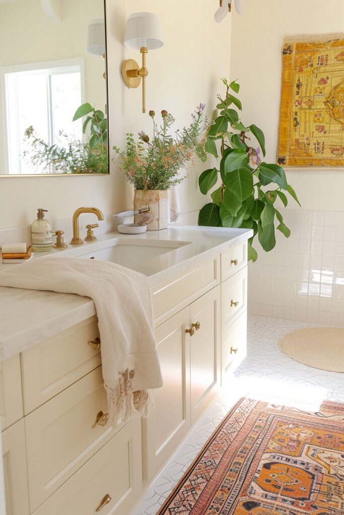 Pale Yellow Bathroom Vanity with Yellow Textile Art