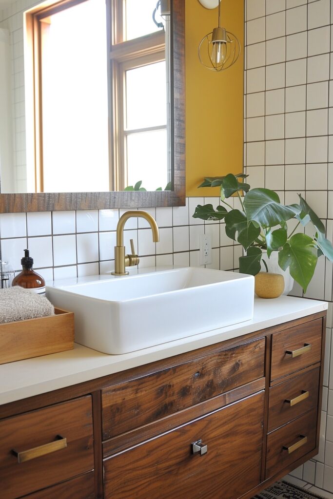Midcentury Modern Wood Bathroom Vanity with Mustard Yellow Walls