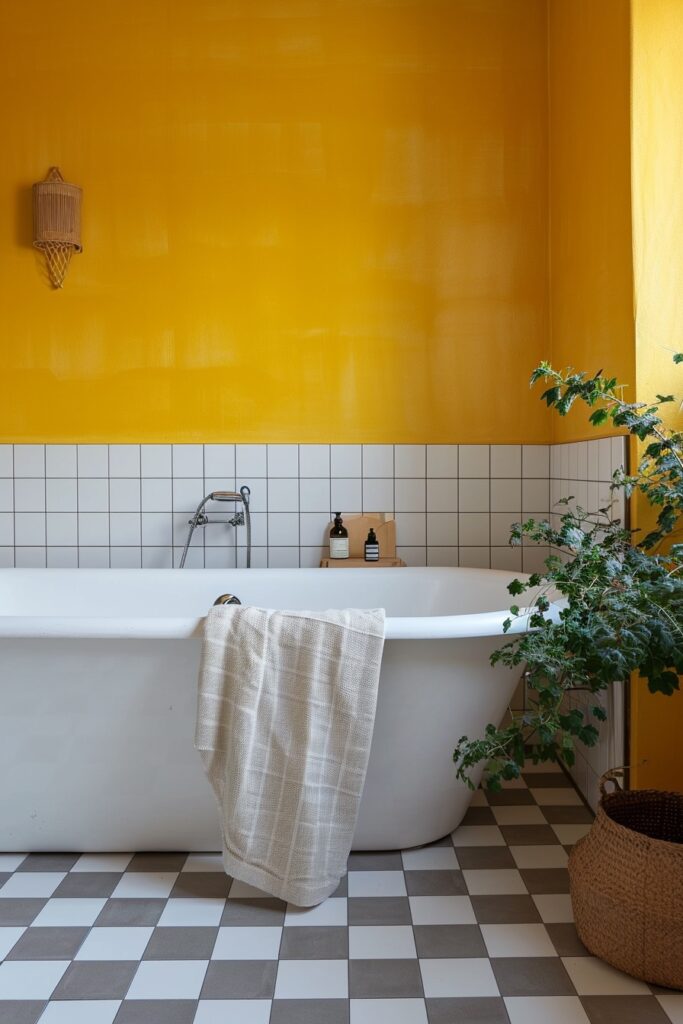 Grey & White Checkered Floor Bathroom with Bright Mustard Yellow Walls