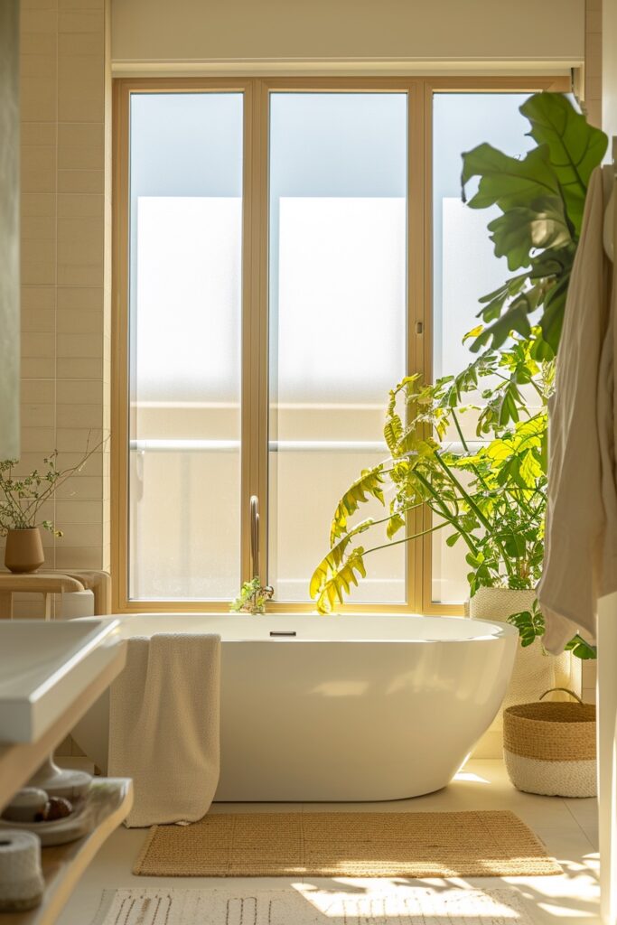 Sunlit Coastal Pale Yellow Bathroom with Free Standing Tub