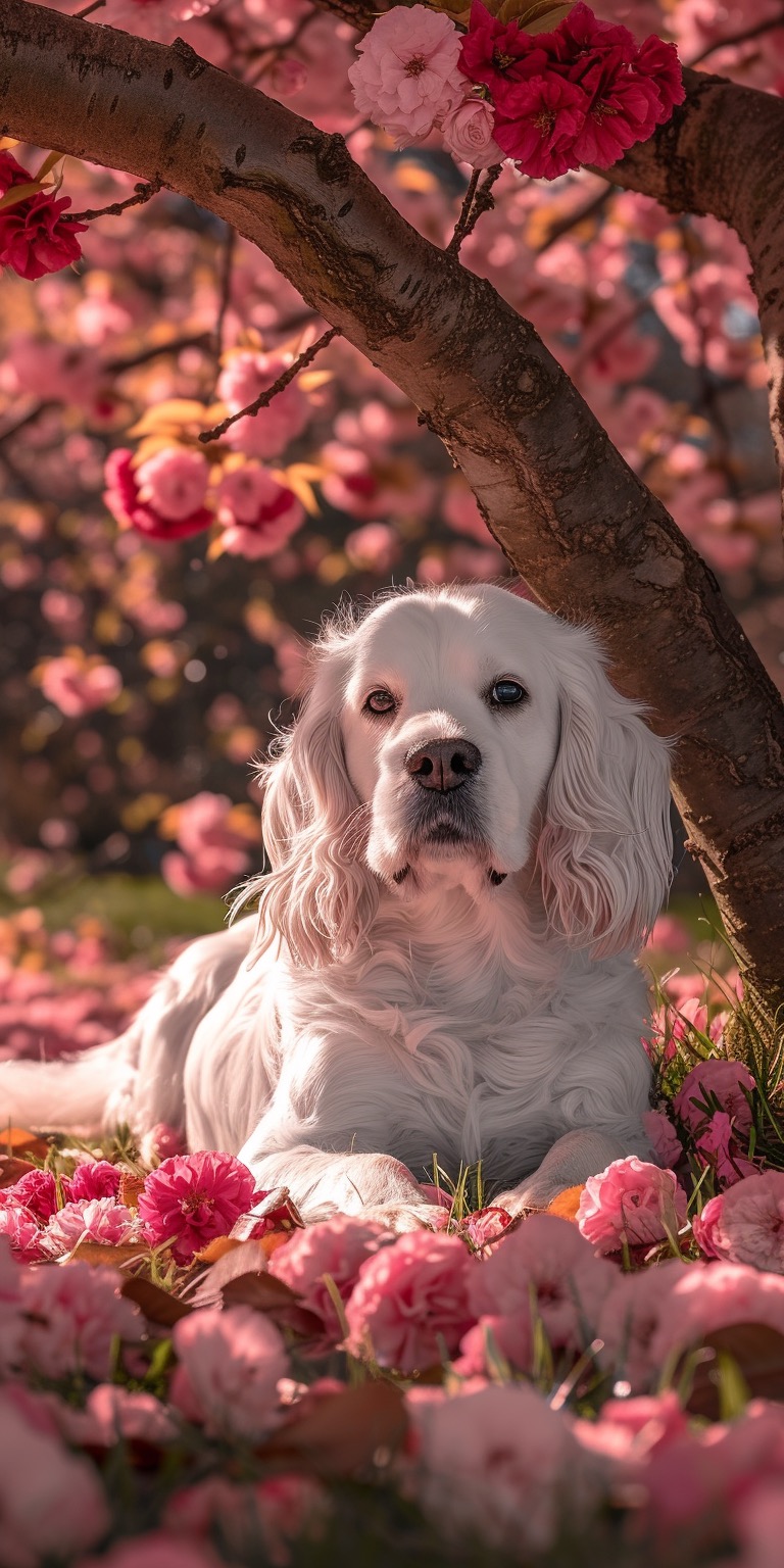 Dog laying in a spring garden phone wallpaper