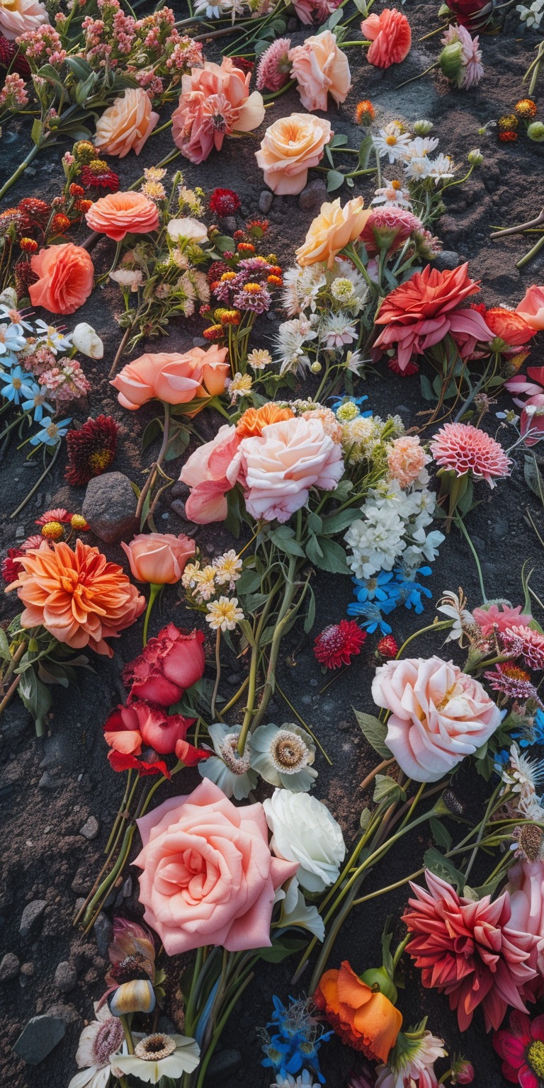 Bold flowers laid out on the ground in a nostalgic style