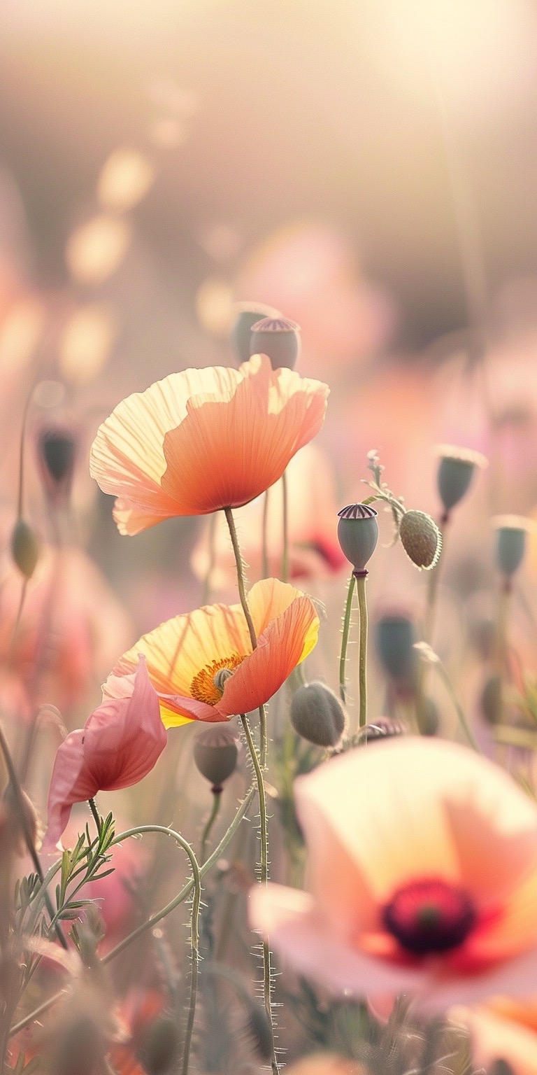 Pink & yellow poppies in a sunlit field spring iPhone wallpapers
