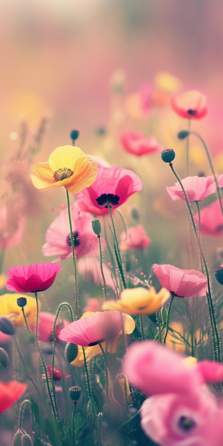 Pink & yellow poppies in a sunlit field spring iPhone wallpapers