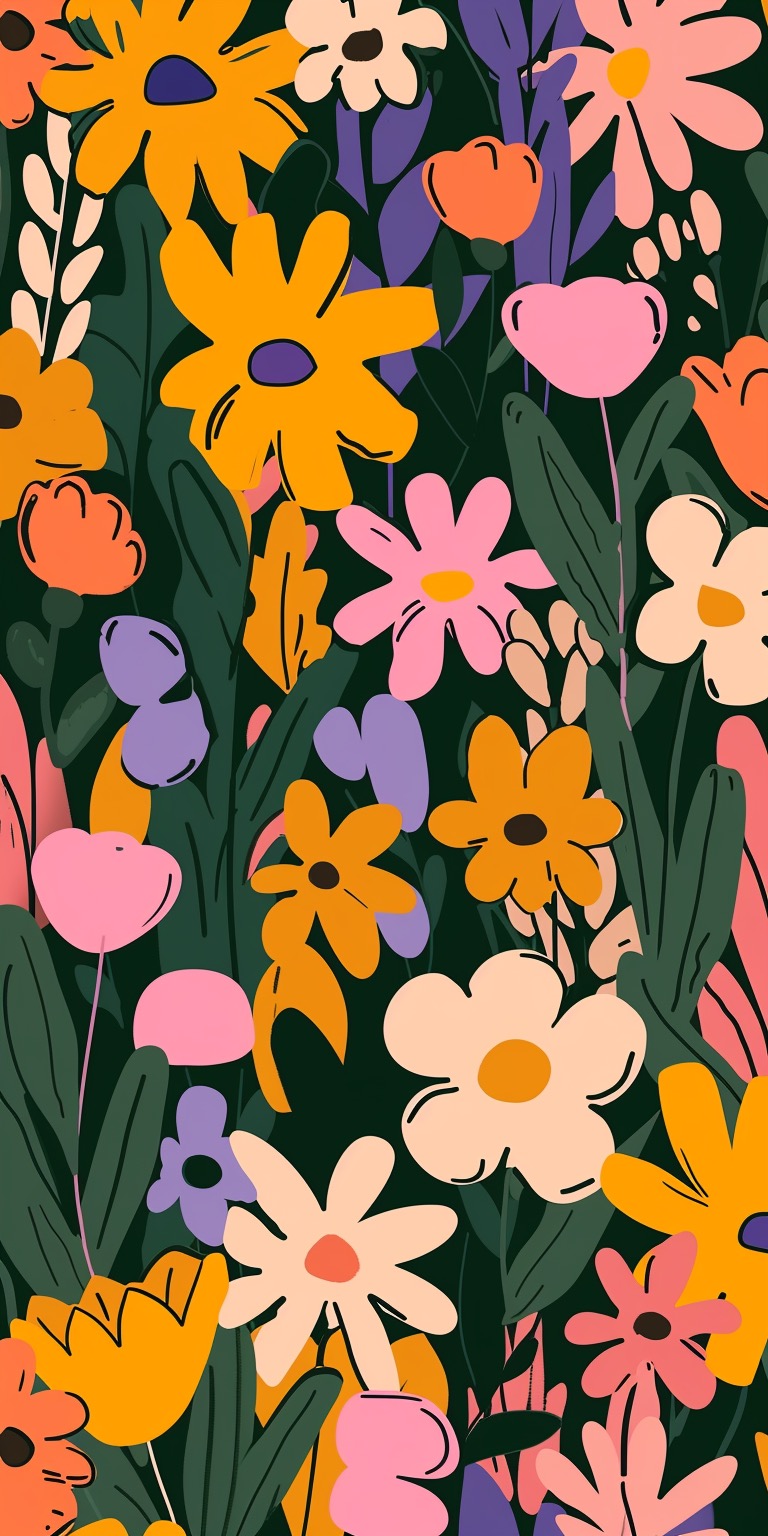 Colorful pink, purple, and yellow flower illustrations
