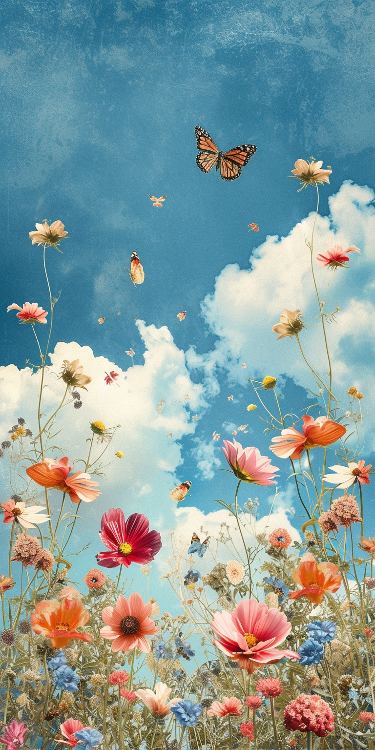 Collage style phone wallpapers with flowers, a blue sky, and butterflies
