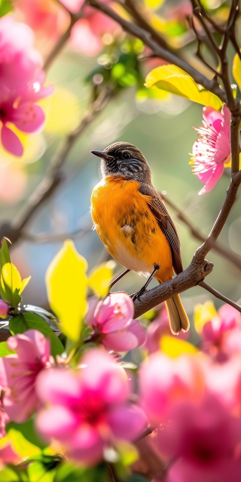 Cute bird surrounded by spring flowers phone wallpaper