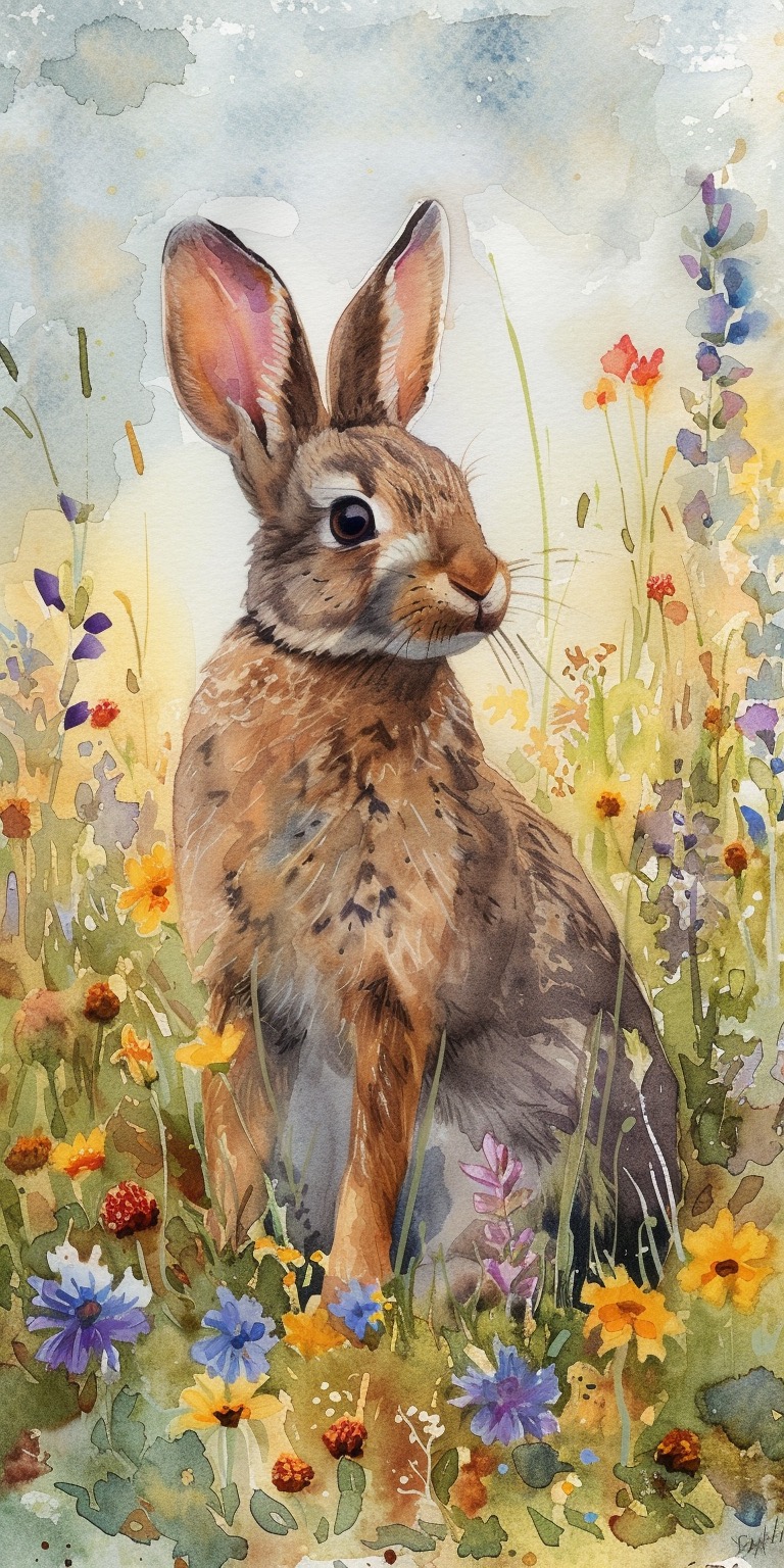 Vintage watercolor bunnies in a spring field wallpapers