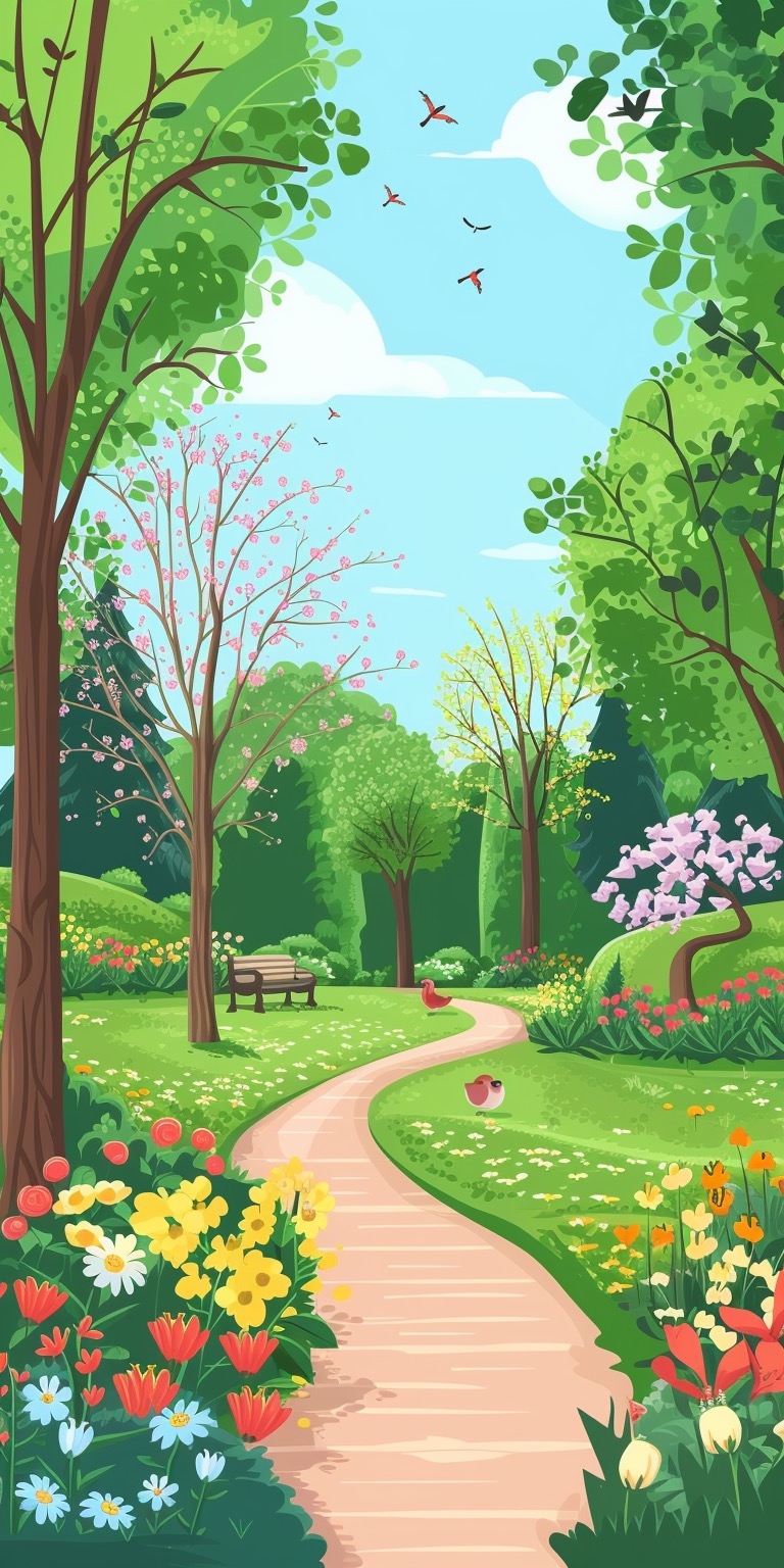 Lively park in the spring illustrated iPhone wallpapers