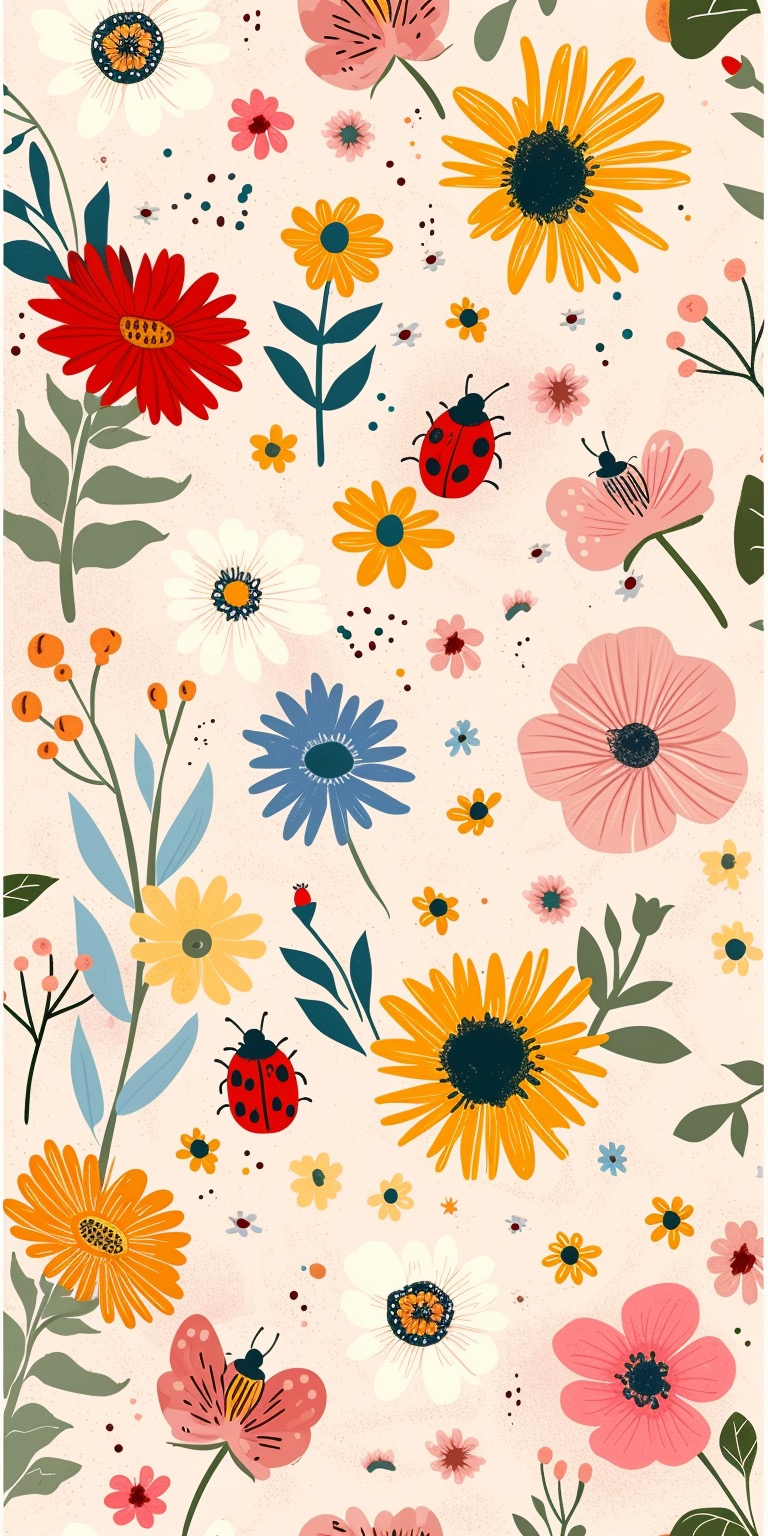 Ladybugs & flowers simple spring iPhone wallpapers