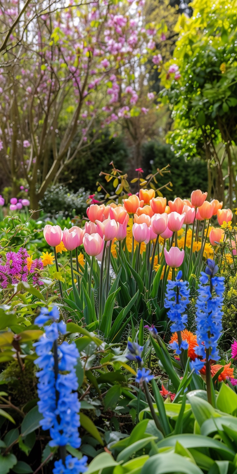Vibrant tulips, hyacinths, and daffodils in the garden iPhone wallpapers